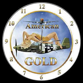 P-51 MUSTANG AMERICAN GOLD NOSE ART AIRCRAFT WALL CLOCK