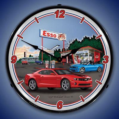 Camaro Esso Gas Station Lighted Wall Clock