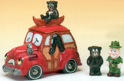 BEARS AT CAMPSITE COOKIE JAR WITH SALT AND PEPPER SHAKERS