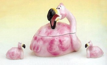 PINK FLAMINGO KOOKY COOKIE JAR WITH MATCHING SET OF SALT AND PEPPER SHAKERS