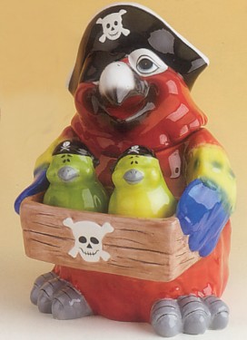PARROT PIRATE COOKIE JAR WITH SALT AND PEPPER SHAKERS