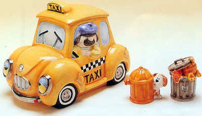 TAXI CAB KOOKY COOKIE JAR WITH SALT AND PEPPER SHAKERS
