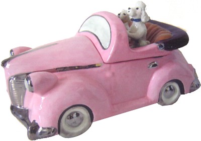 PINK POODLES DRIVING CAR COOKIE JAR BY HENRY CAVANAGH