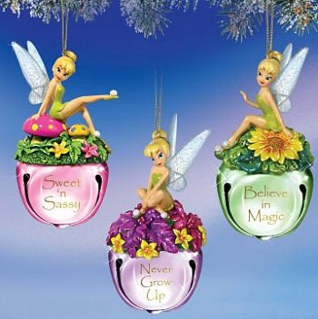 DISNEY TINKERBELL SLEIGH BELLS HOLIDAY ORNAMENTS SET OF 3 BY BRADFORD EXCHANGE