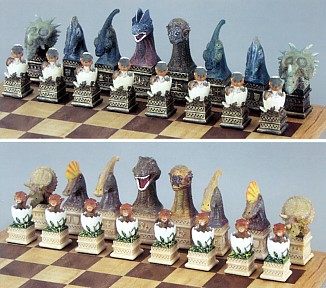 DINOSAURS CHESS SET WITH WALNUT CHESS BOARD