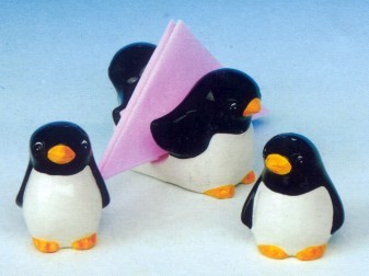 PENGUIN SALT AND PEPPER SHAKERS SET AND NAPKIN HOLDER SET
