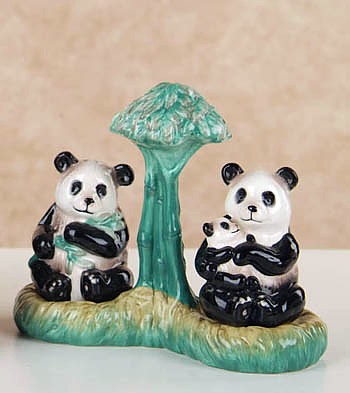 PANDA BEAR FAMILY SALT AND PEPPER SHAKERS WITH TREE SHAPED HOLDER