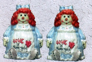 LOVE IS HOMEMADE RAG DOLL SALT AND PEPPER SHAKERS