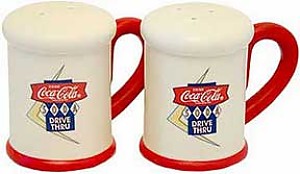 COCA-COLA DRIVE THRU SIGN STONEWARE SALT AND PEPPER SHAKERS