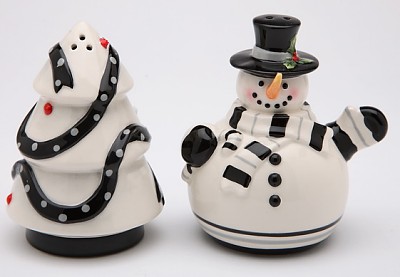 Sophisticated Snowman And Christmas Tree Black And White Salt And Pepper Shakers