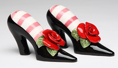 Black High Heeled Shoes With Red Roses Salt And Pepper Shakers