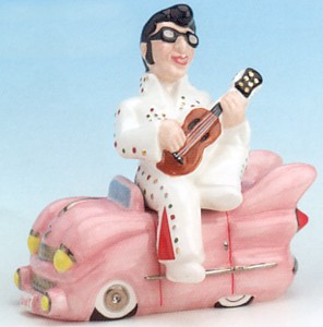 ELVIS IMPERSONATOR AND PINK CADILLAC SALT AND PEPPER SHAKERS