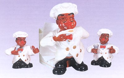 CHEF SALT AND PEPPER SHAKERS AND NAPKIN HOLDER