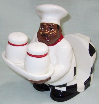 HAPPY CHEF SALT AND PEPPER SHAKERS AND NAPKIN HOLDER