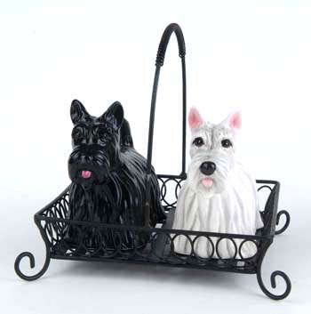 SCOTTIE DOGS IN METAL BASKET SALT AND PEPPER SHAKERS