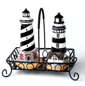 Lighthouses In Metal Basket Salt And Pepper Shakers