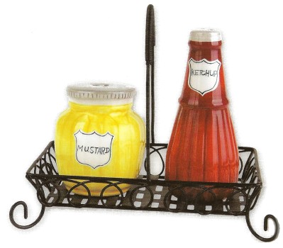 Ketchup And Mustard In Metal Basket Salt And Pepper Shakers