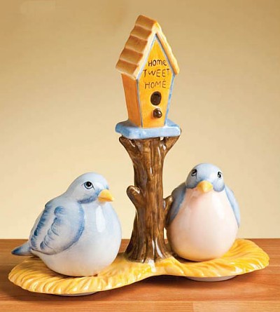 Blue Birds Salt And Pepper Shakers With Base