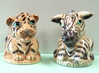 TIGER AND ZEBRA POT BELLY SALT AND PEPPER SHAKERS