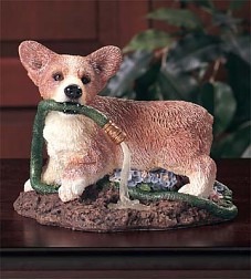 WELSH CORGI PUPPY DOG WITH GARDEN HOSE MEDIUM FIGURINE