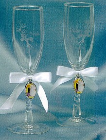 PRECIOUS MOMENTS WEDDING TOASTING GLASSES WITH ETCHED FLORAL DESIGN